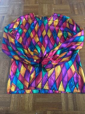 Escada 100% silk Vibrant Multicolor Geometric Long-Sleeve Top VINTAGE
